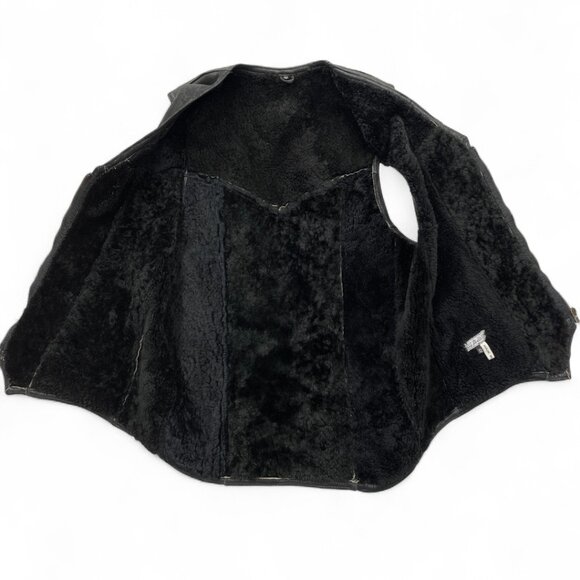 Black Shearling Sheepskin Leather Wool Biker Aviator Vest Jacket Men's 52 XL - Picture 7 of 7